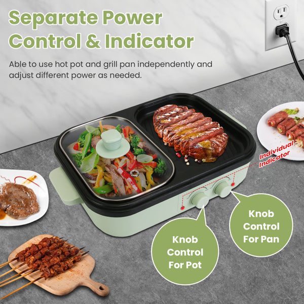 2-in-1 Electric Hot Pot & Grill Combo, Dual Separate Temperature Control, Non-Stick Die-Cast Aluminum, Overheat Protection, 33.82OZ Hot Pot 6.76OZ Grill, Portable For 1-2 People, Home Dorm Indoor BBQ