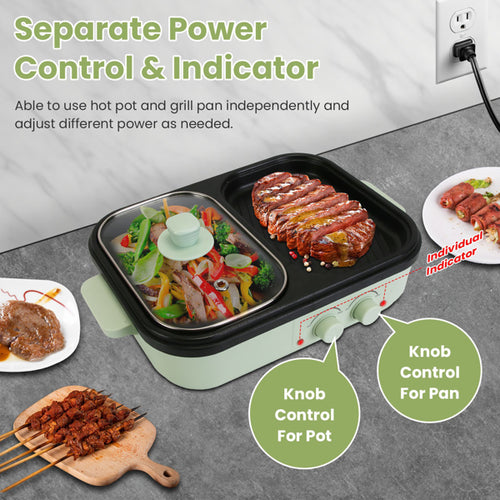 2-in-1 Electric Hot Pot & Grill Combo, Dual Separate Temperature Control, Non-Stick Die-Cast Aluminum, Overheat Protection, 33.82OZ Hot Pot 6.76OZ Grill, Portable For 1-2 People, Home Dorm Indoor BBQ