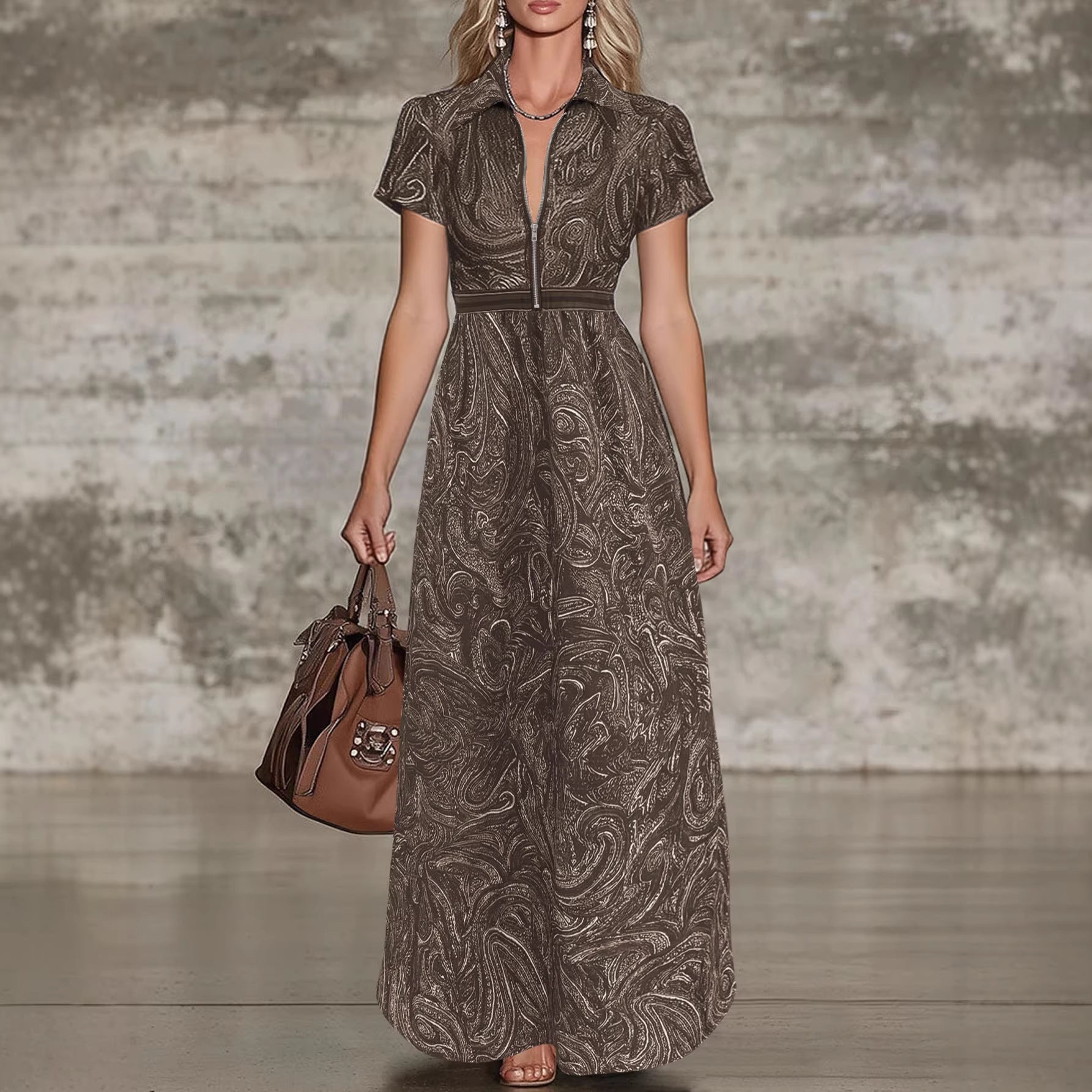 Printed Lapel Collar Defined Waist A-Line Maxi Dress