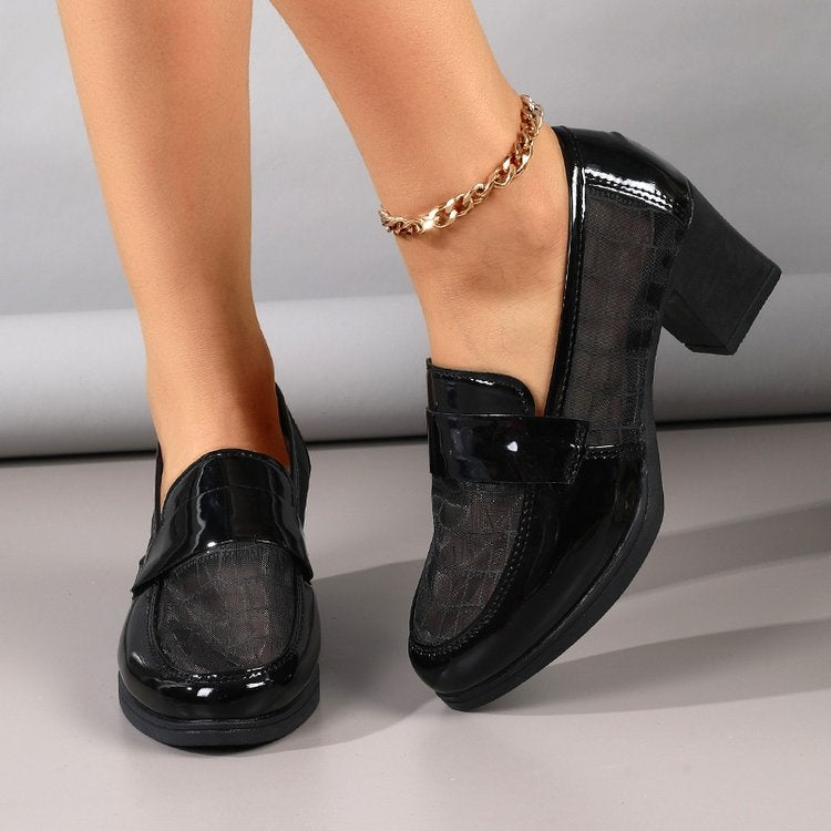 2026 Summer Women's Mesh Breathable High Heels, Hollow Soft Leather Pumps, Mid-Heel Chunky Heel Office Shoes With Soft Sole