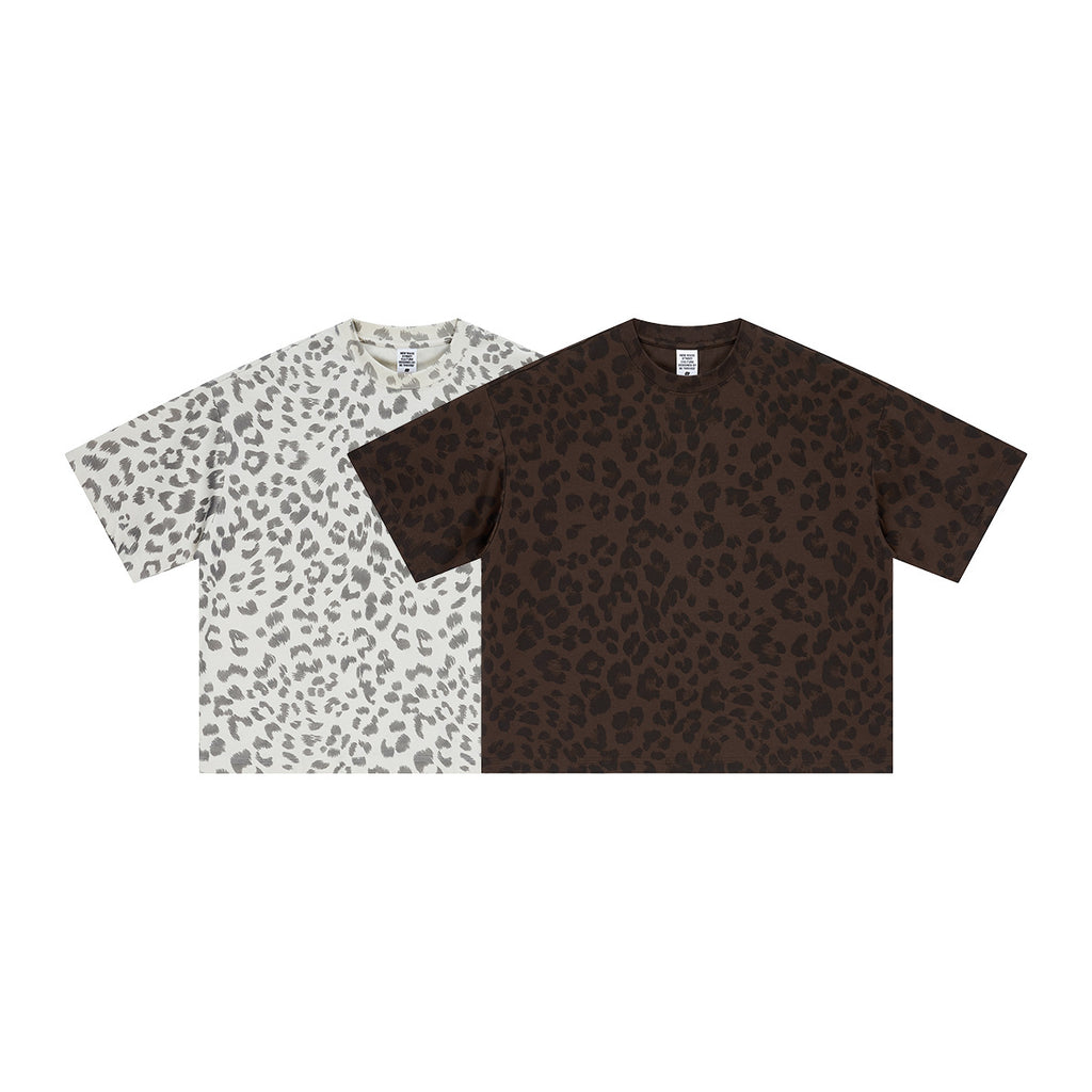 Plus-size Casual Loose-fit Leopard-print Crewneck Short-sleeve T-shirt