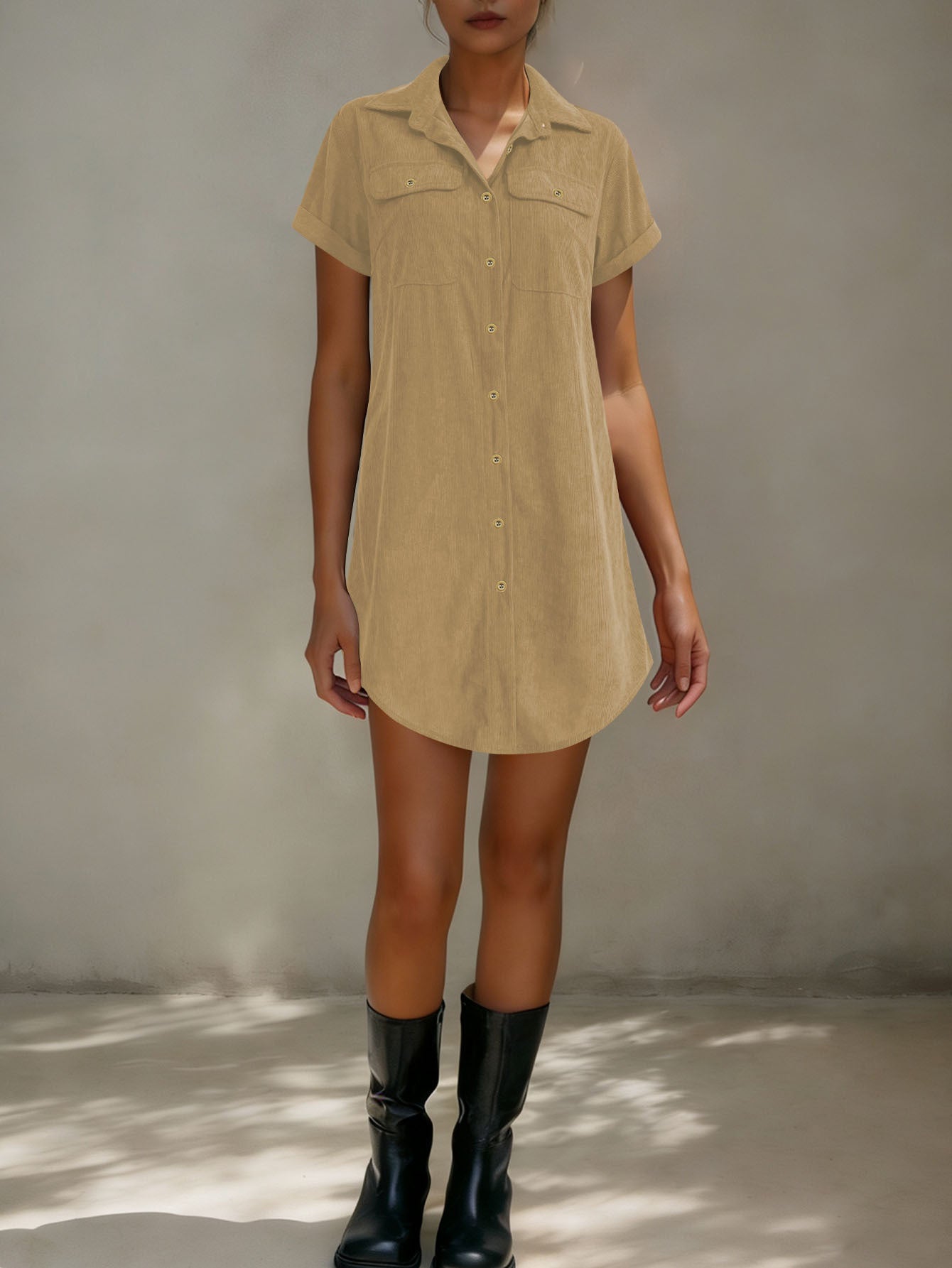 Retro Casual Corduroy Shirt Dress Loose Short-Sleeve Dress