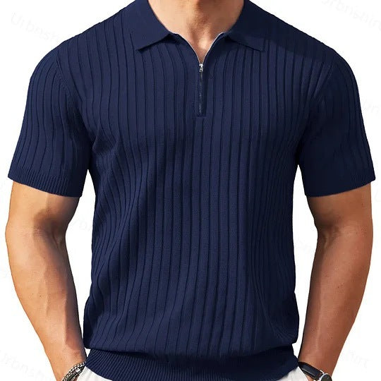 Mens Zip-Up Short-Sleeve Rib-Knit Polo T-Shirt Fashionable Casual Golf Shirt