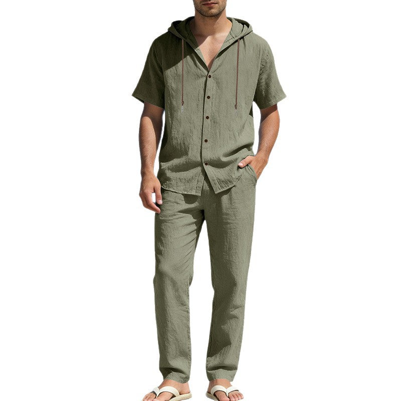Men's Summer Loose Casual Hooded Short-Sleeve Shirt Set