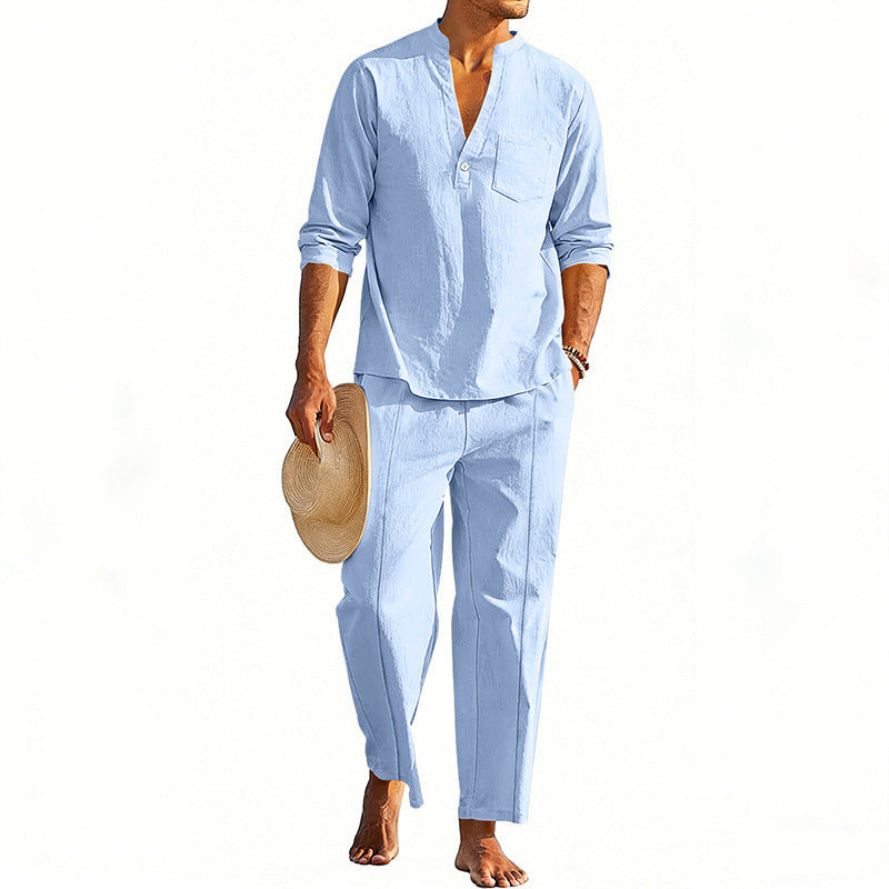 Casual Men's Henley Long-Sleeve Straight-Leg Pants Set