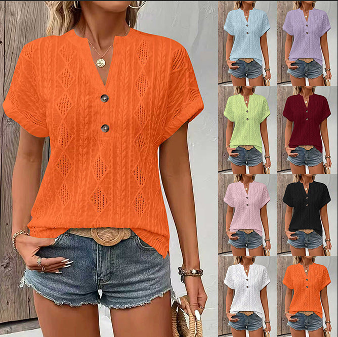 Fashionable Casual Solid-Color Buttoned V-Neck T-Shirt For Women