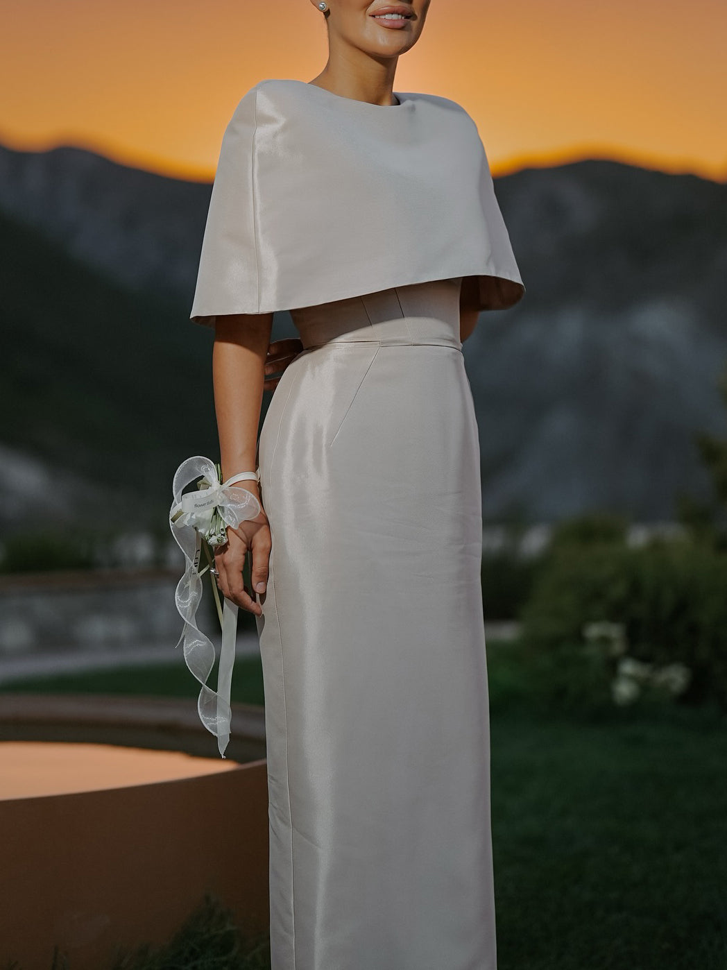 Satin Cape-style Top &Fitted Maxi Dress Set