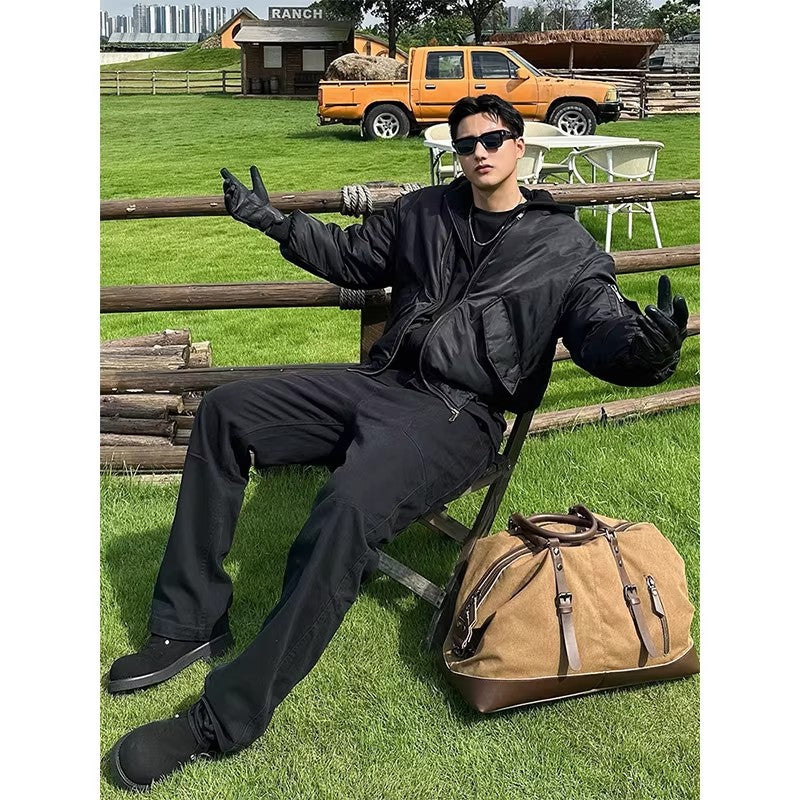 Mens Black Faux Two-Piece Hooded Flight Jacket Padded Coat