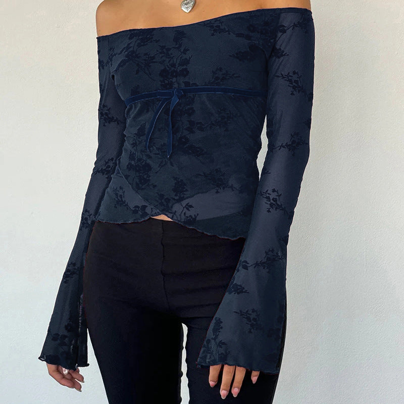 Off-shoulder Mesh Stretch Hot Girl Long-sleeved Top For Women