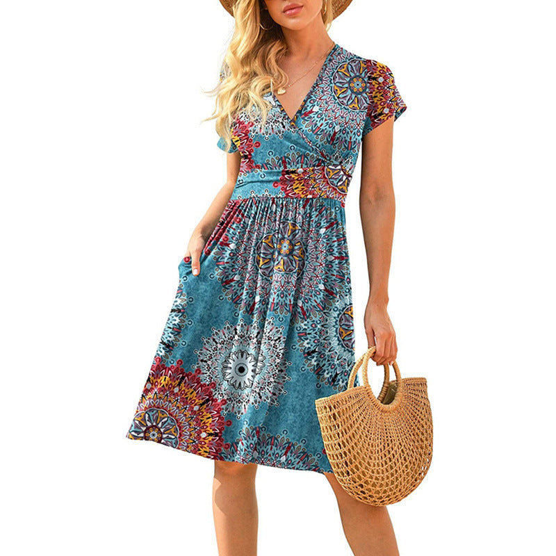 Womens Short-Sleeve Printed Pocket Mid-Length Cinched Dress