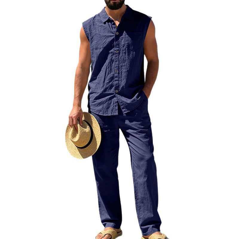 Mens Loose Linen Casual Sleeveless Shirt And Straight-Leg Pants Set
