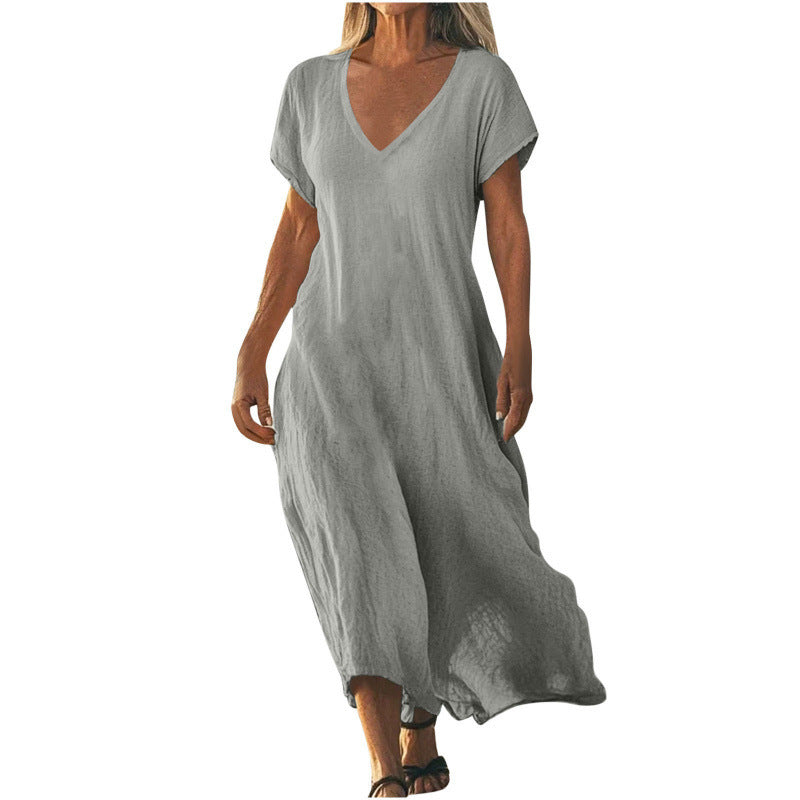 Cotton Linen V-neck Short Sleeve Loose Dress Women's Clothing