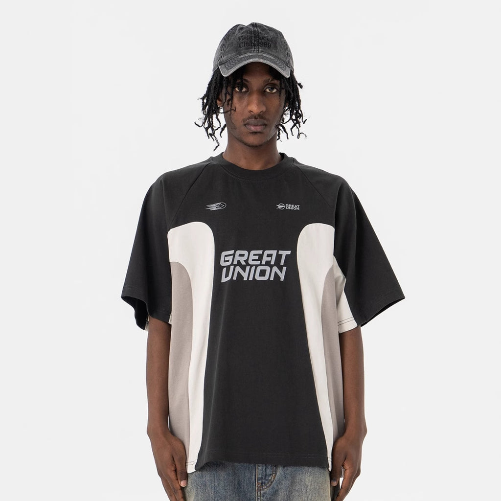 Mens American Retro Racing Club Patchwork Crewneck Short-Sleeve T-Shirt