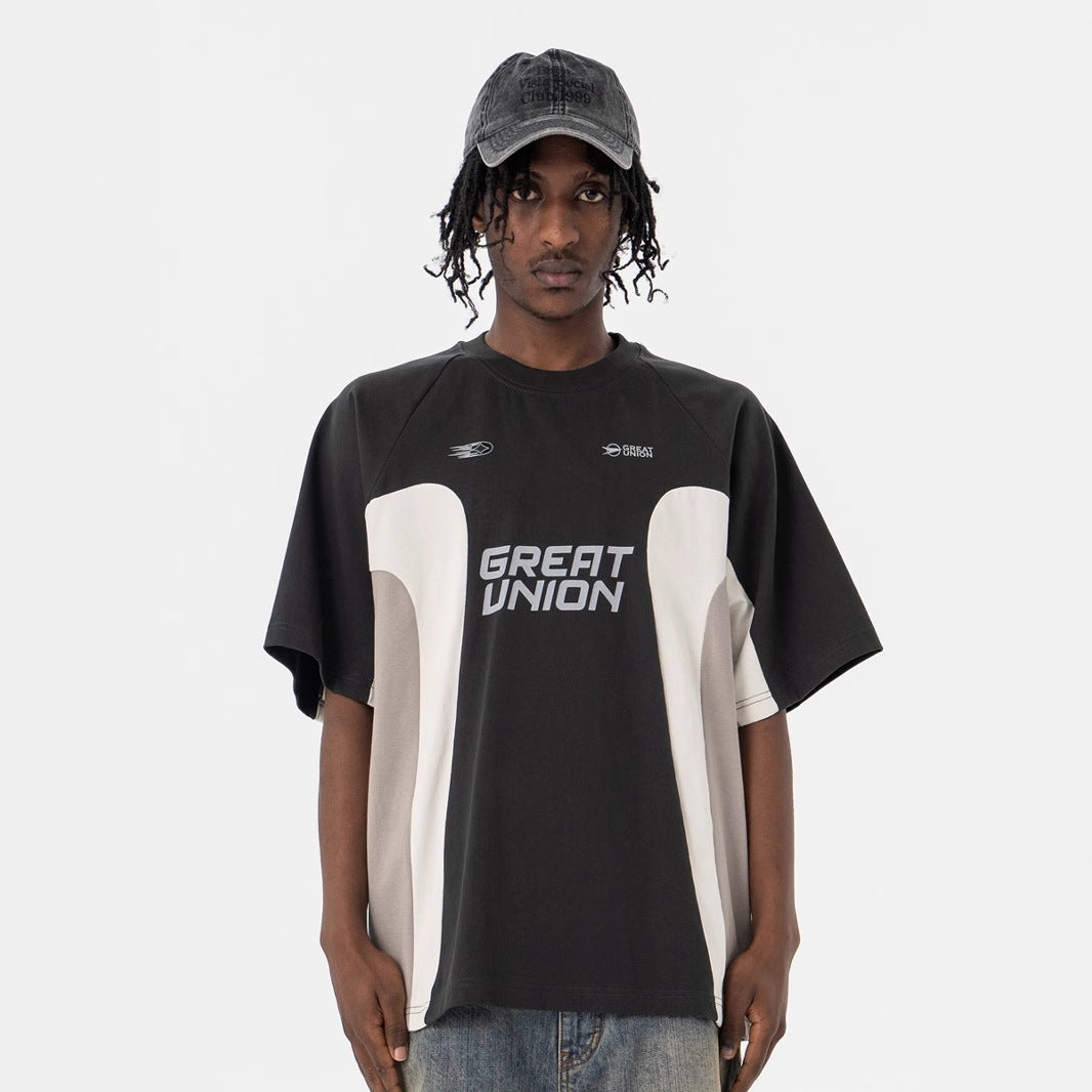 Mens American Retro Racing Club Patchwork Crewneck Short-Sleeve T-Shirt