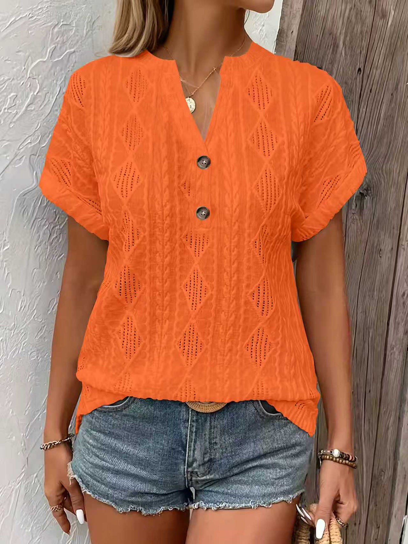 Fashionable Casual Solid-Color Buttoned V-Neck T-Shirt For Women