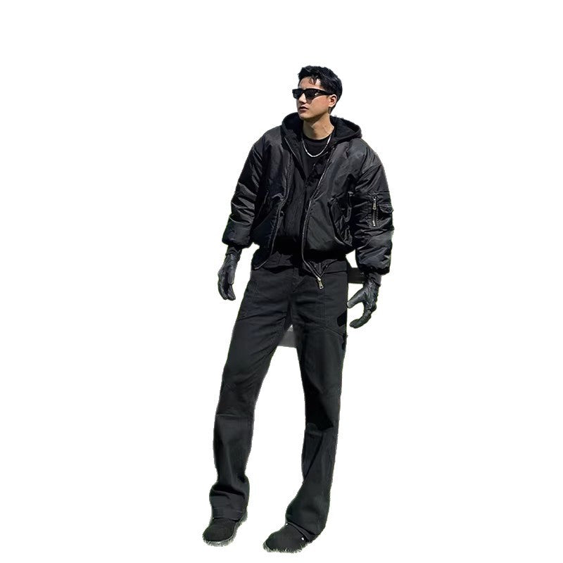 Mens Black Faux Two-Piece Hooded Flight Jacket Padded Coat