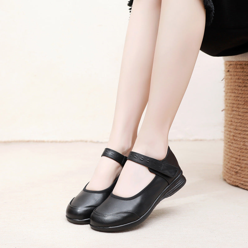 Genuine Leather Single-Strap Velcro Closure Plus-Size Round-Toe Flat Shoes