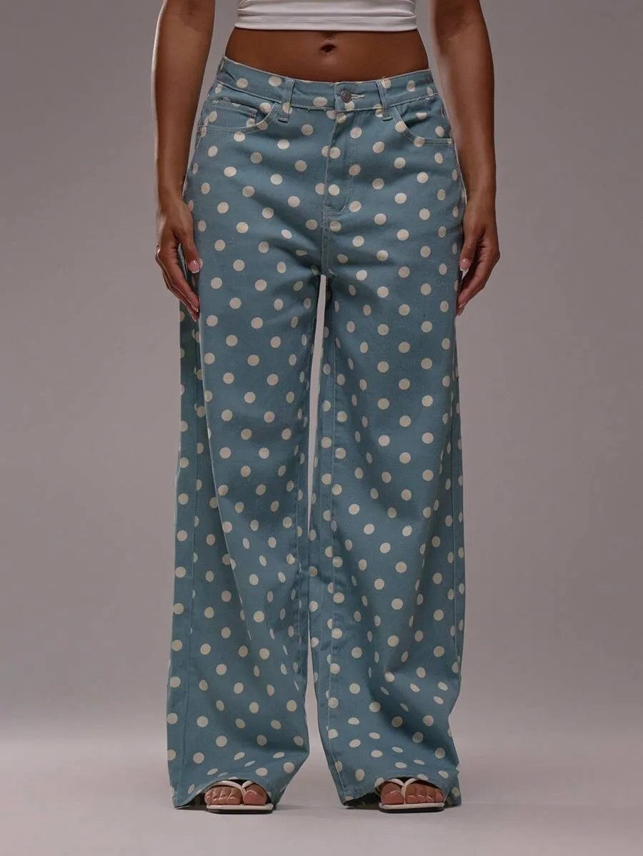 Casual Polka Dot Mid-rise Non-stretch Jeans