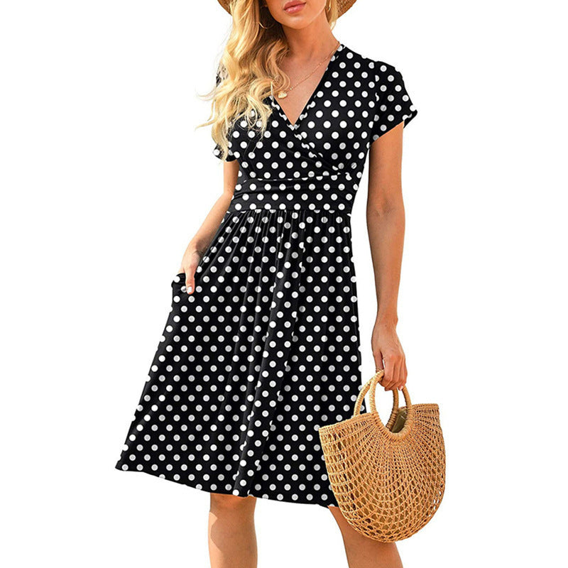 Womens Short-Sleeve Printed Pocket Mid-Length Cinched Dress