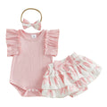 Baby And Toddler Solid Color Ruffle-Shoulder Sleeveless Romper And Printed Skirt Two-Piece Set