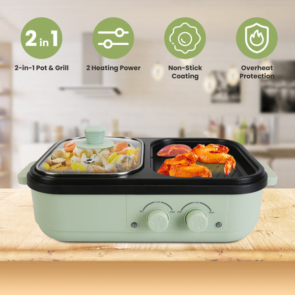 2-in-1 Electric Hot Pot & Grill Combo, Dual Separate Temperature Control, Non-Stick Die-Cast Aluminum, Overheat Protection, 33.82OZ Hot Pot 6.76OZ Grill, Portable For 1-2 People, Home Dorm Indoor BBQ