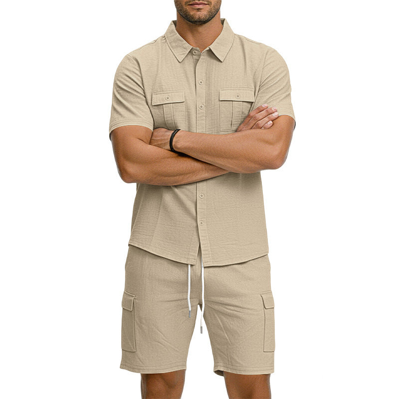 Men's Lapel Shirt And Multi-Pocket Shorts Set