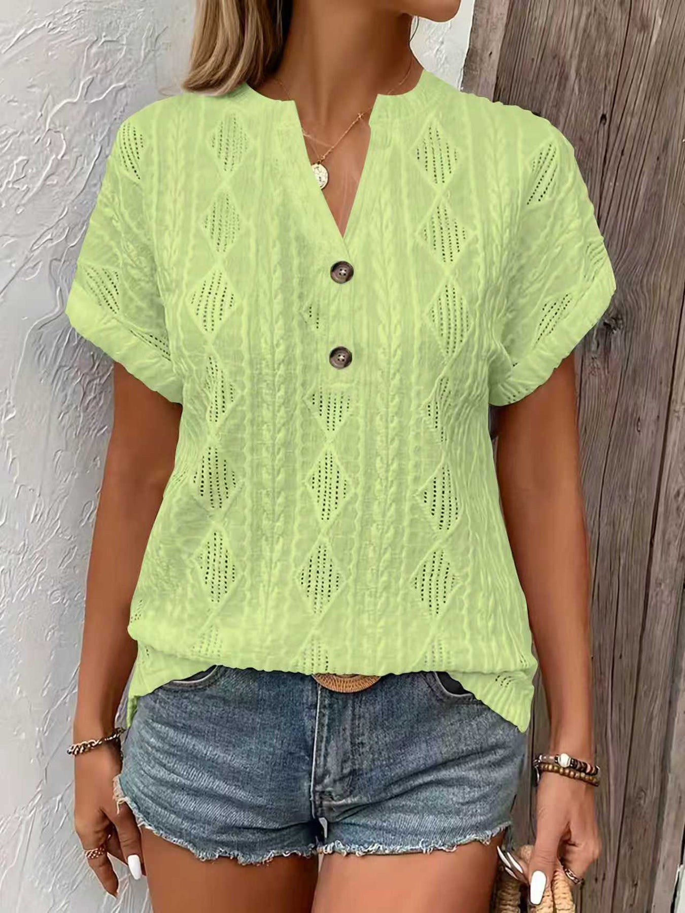 Fashionable Casual Solid-Color Buttoned V-Neck T-Shirt For Women