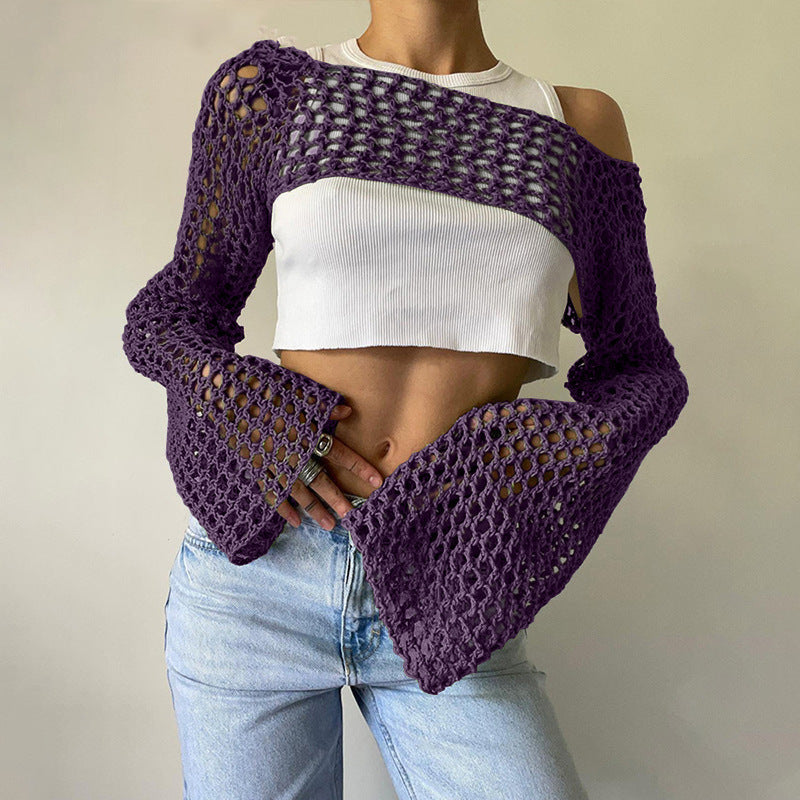 Women's Hand-Knitted Sweater, Casual Ultra-Short Style With Flared Sleeves