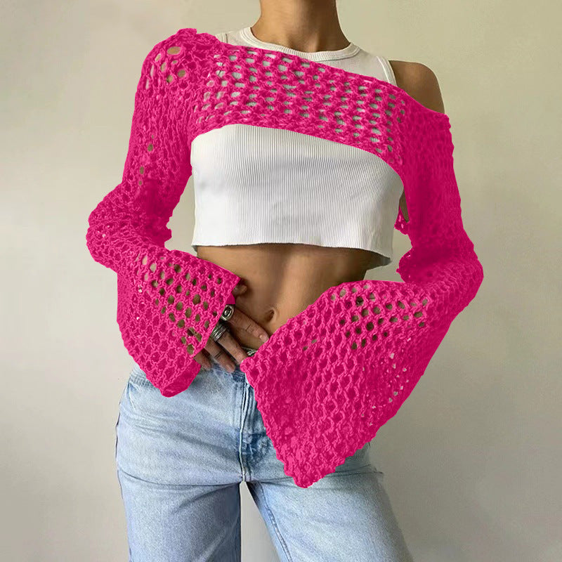 Women's Hand-Knitted Sweater, Casual Ultra-Short Style With Flared Sleeves