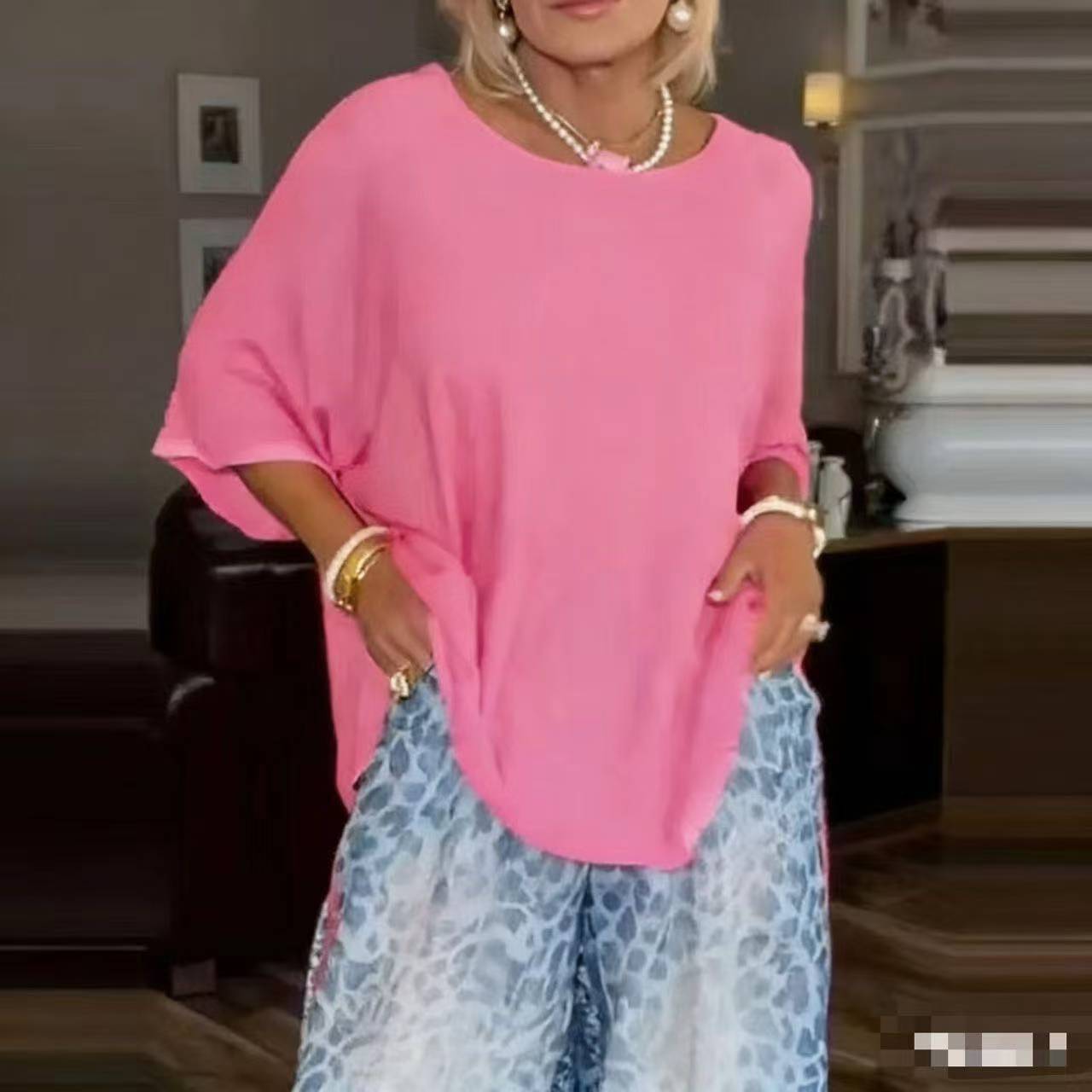 Womens Fashionable Loose Top And Wide-Leg Pants Two-Piece Set